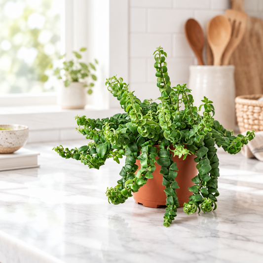 Full Curly Lipstick Plant with cascading curly vines in a terracotta pot on a cream background