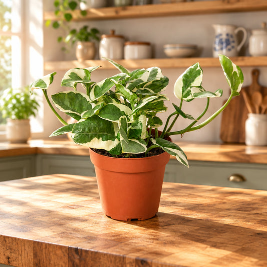 N'Joy Pothos with white and green variegated leaves in a terracotta pot on a butcher block kitchen island