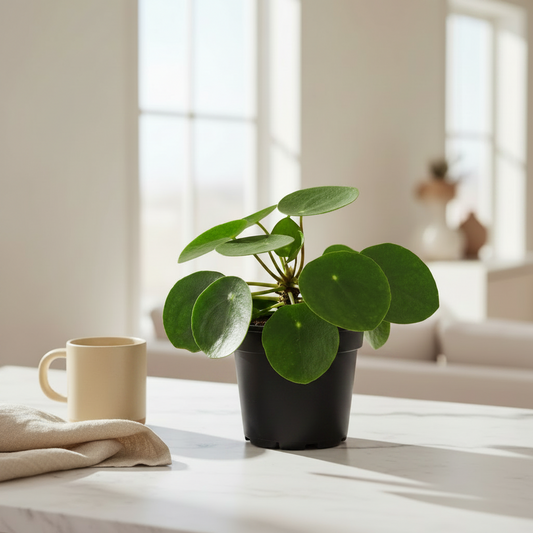Pilea Peperomioides Chinese Money Plant with round coin-shaped leaves in a black pot