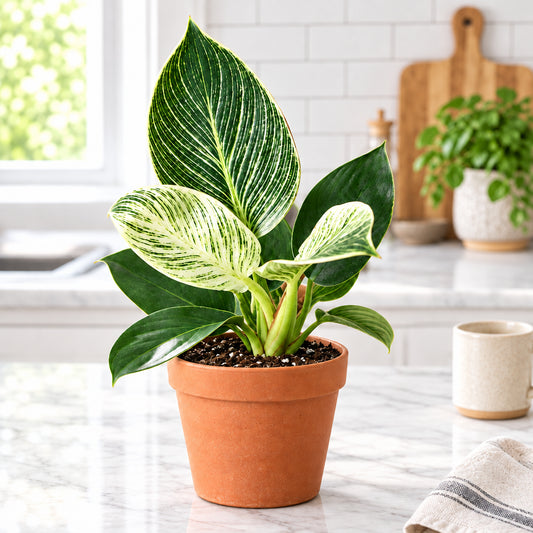 Philodendron Birkin with dark green leaves and creamy white pinstripes in a terracotta pot on a marble kitchen counter