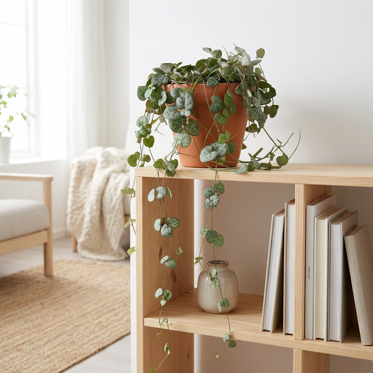 String of Hearts with cascading heart-leaf vines in a terracotta pot on a beige background