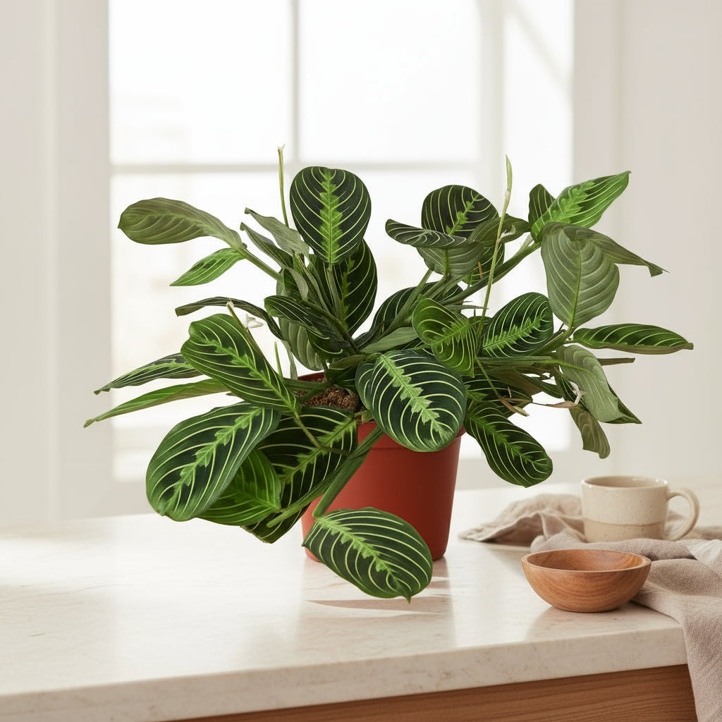 Maranta Lemon Lime prayer plant with lime-striped green leaves in a terracotta pot